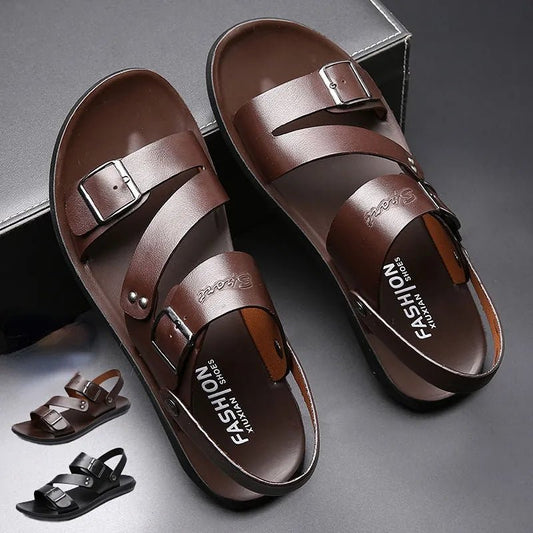 Fashion Comfortable Men's Sandals Solid Color Open Toe Mens Leather Sandals 2023 New Slippers Beach for Male Leather Footwear - LESSANA