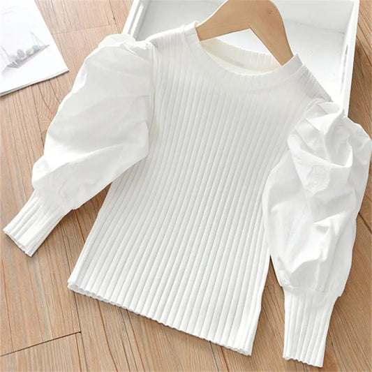 Girls Puff Sleeve T-shirt Spring 2023 New Children's Fashion Long Sleeve T-shirt Baby Wearing Knitwear Kids Girl Bottoming Shirt - LESSANA