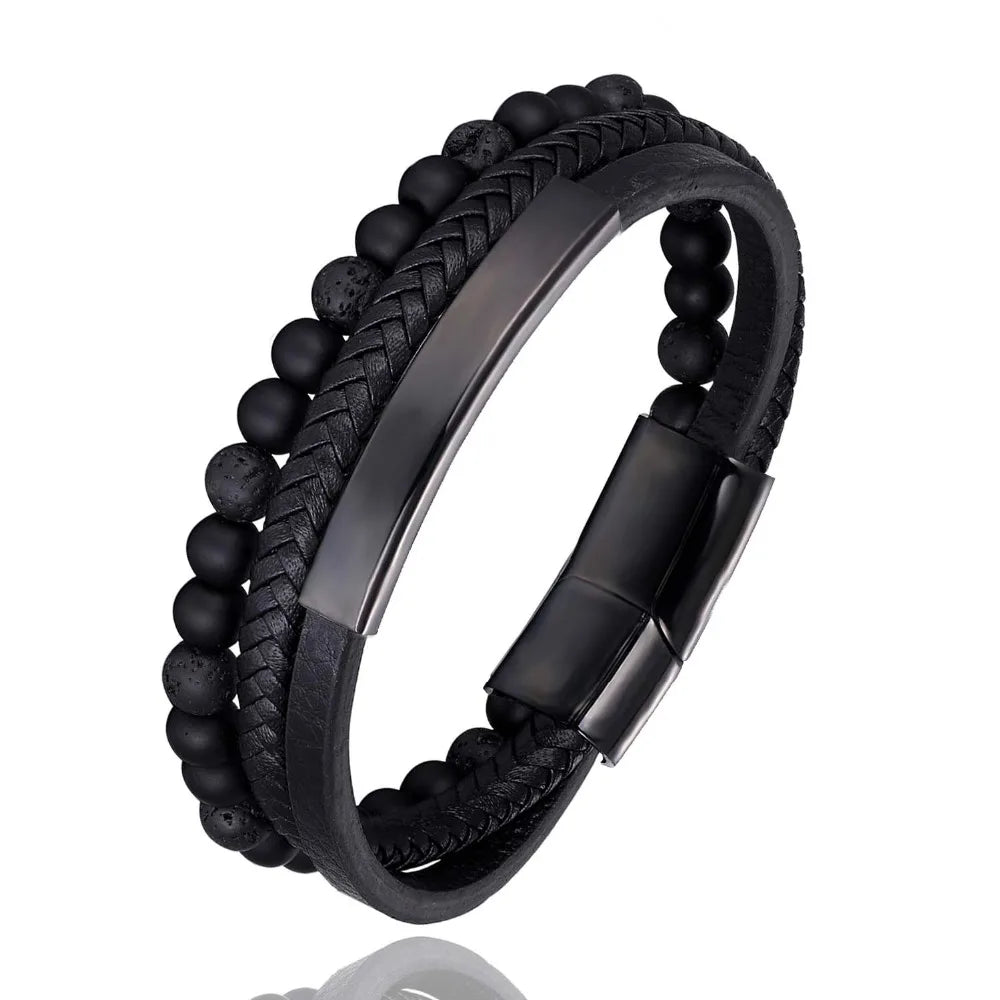 High Quality Natural Lava Stone Micro-inlaid Copper Accessories Leather Stainless Steel Bracelet Men Women Fashion Jewelry Wrist - LESSANA