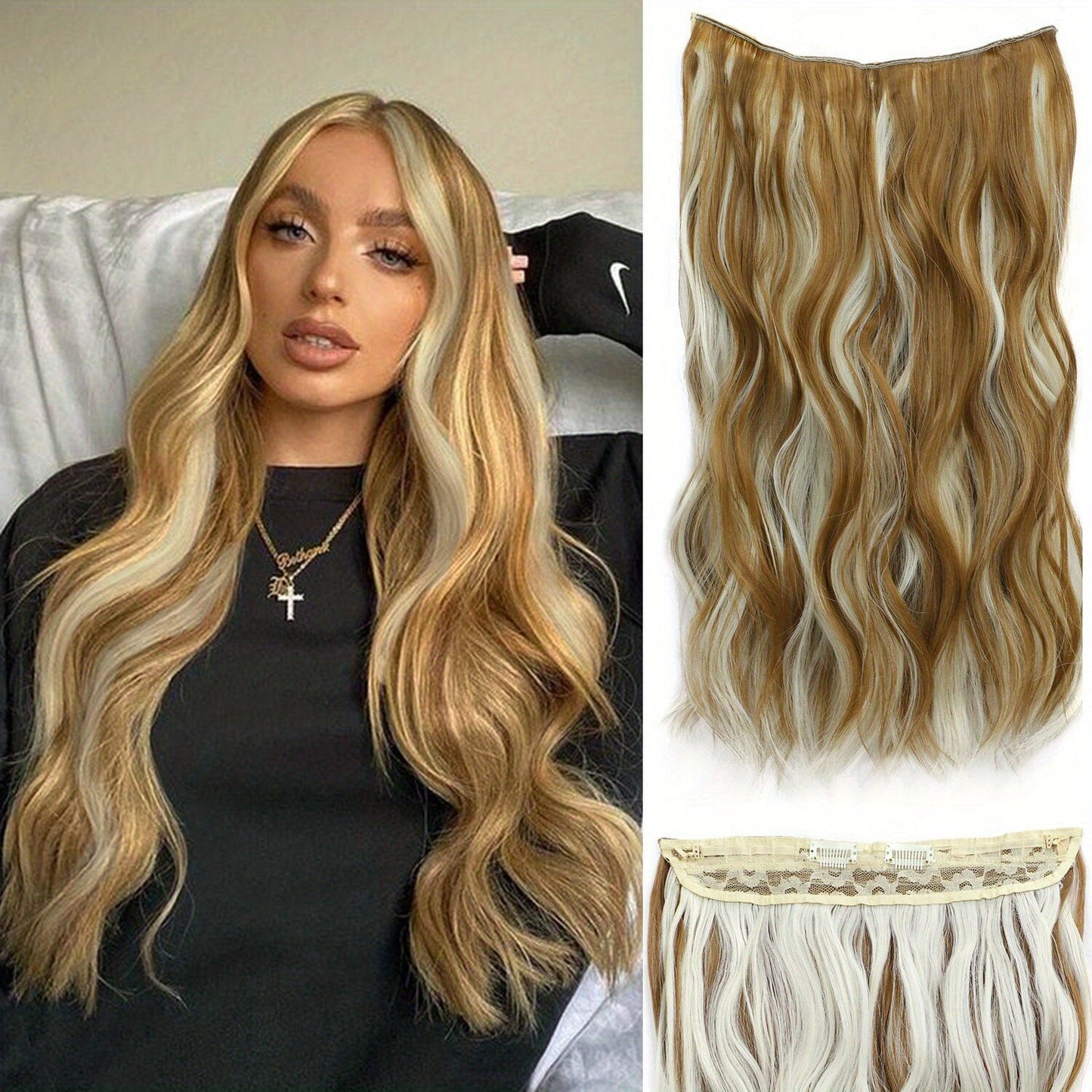 Invisible Wire Hair Extensions Long 20 Inches Wavy Hair Extensions With Adjustable Size Invisible Wire Hairpieces For Women - LESSANA
