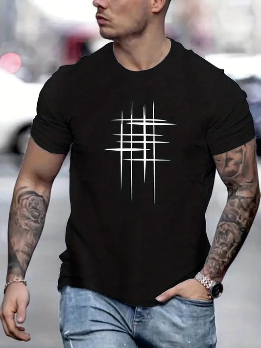 Line Cross Men's T-shirt For Summer Outdoor, Casual Slightly Stretch Crew Neck Tee Short Sleeve Graphic Stylish Clothing - LESSANA