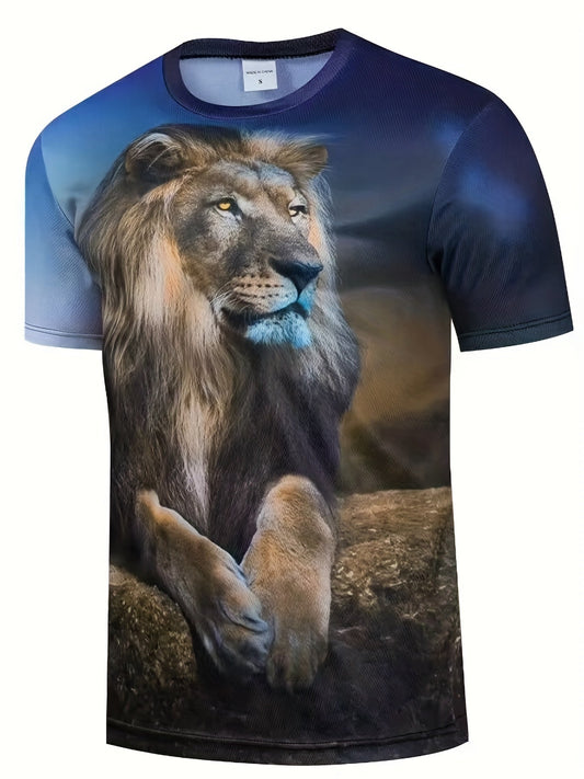 Lion Pattern 3D Print T-shirt, Men's Casual Street Style Stretch Round Neck Tee Shirt For Summer - LESSANA