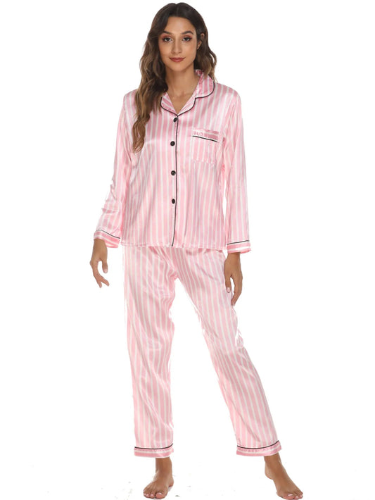 Long Trousers Pjamas for Women Home Wear Suit Multi Colors Satin Cardigan Shirt Tops with Long Pants Pijamas De Mujer - LESSANA