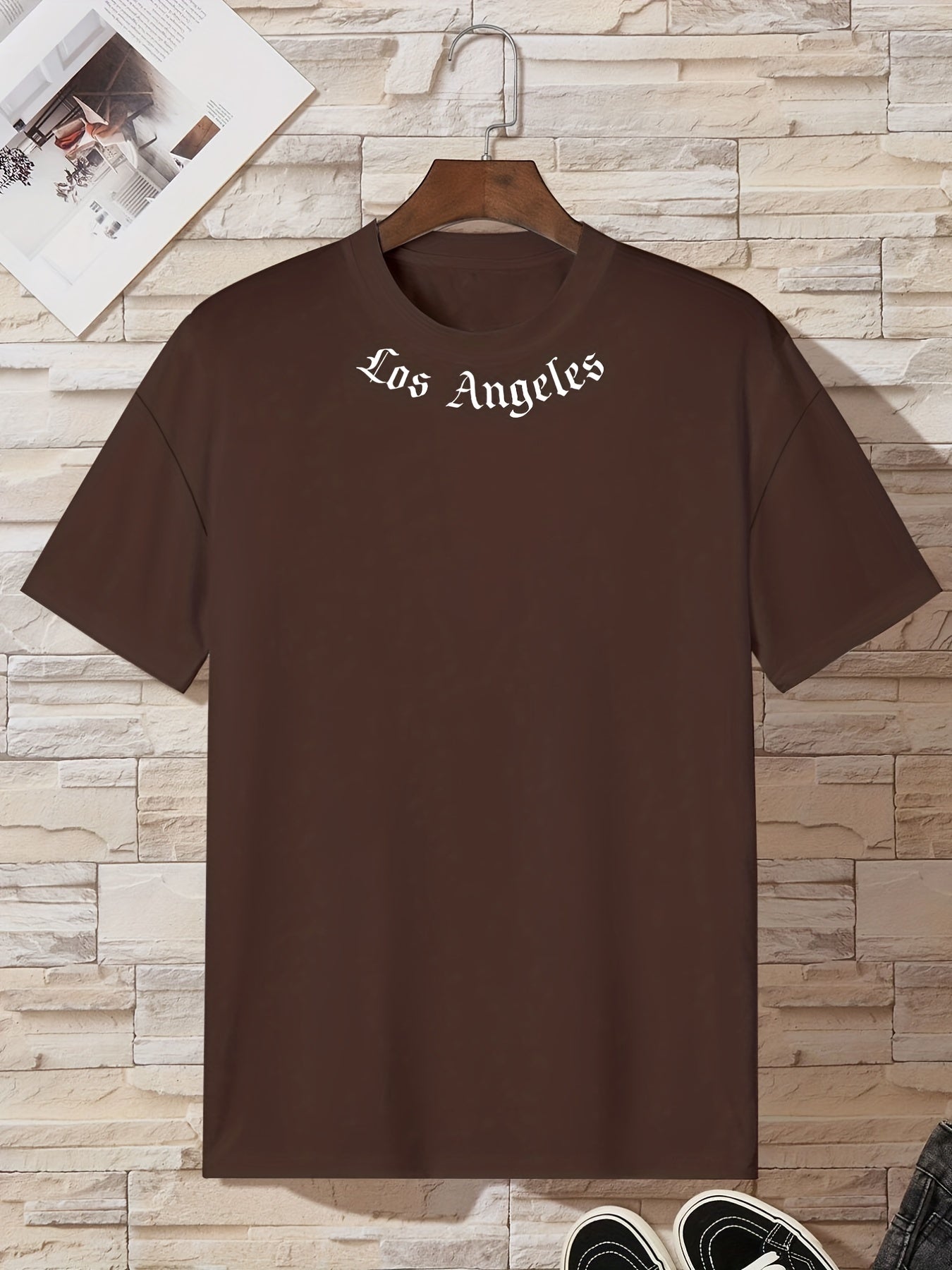 "Los Angeles" Pattern Print Men's Comfy T-shirt, Graphic Tee Men's Summer Outdoor Clothes, Men's Clothing, Tops For Men - LESSANA