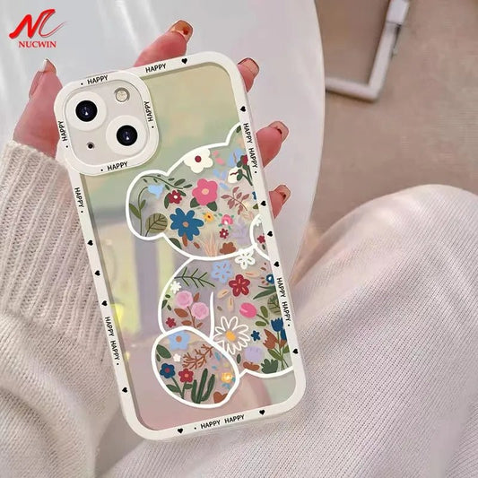 Luxury Laser Flower Bear Case for iPhone 13 Mini 11 12 14 15 Pro Max Gradient Aurora Clear TPU Cover for iPhone 7 8 Plus X Xs Xr - LESSANA