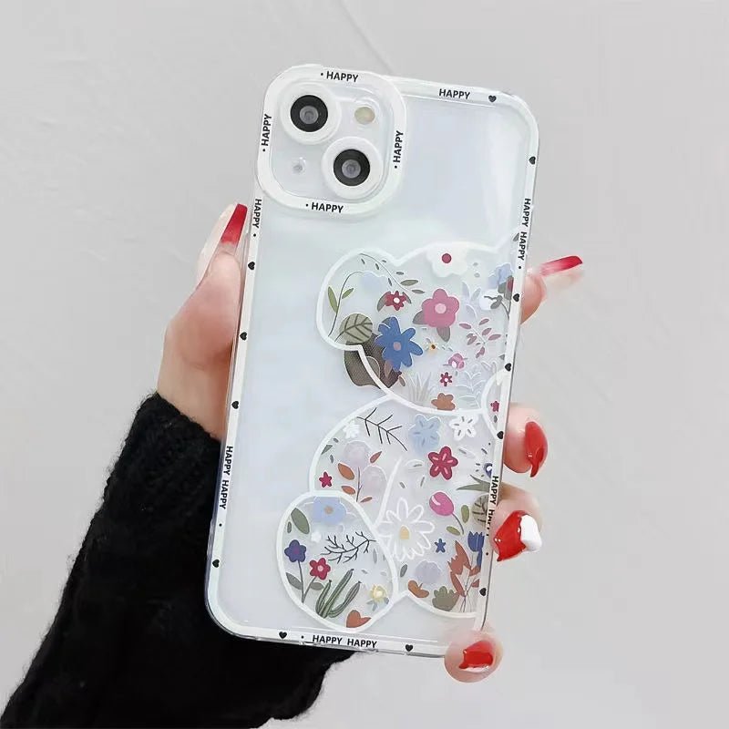 Luxury Laser Flower Bear Case for iPhone 13 Mini 11 12 14 15 Pro Max Gradient Aurora Clear TPU Cover for iPhone 7 8 Plus X Xs Xr - LESSANA