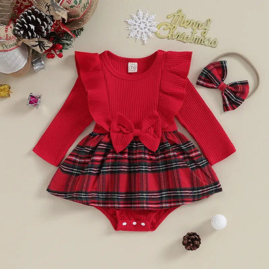 ma&baby 0-24M Christmas Newborn Infant Baby Girls Rompers Long Sleeve Bow Plaid Jumpsuit + Headband Xmas Outfits D05 - LESSANA