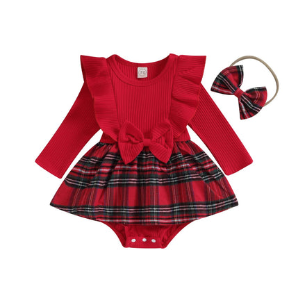 ma&baby 0-24M Christmas Newborn Infant Baby Girls Rompers Long Sleeve Bow Plaid Jumpsuit + Headband Xmas Outfits D05 - LESSANA