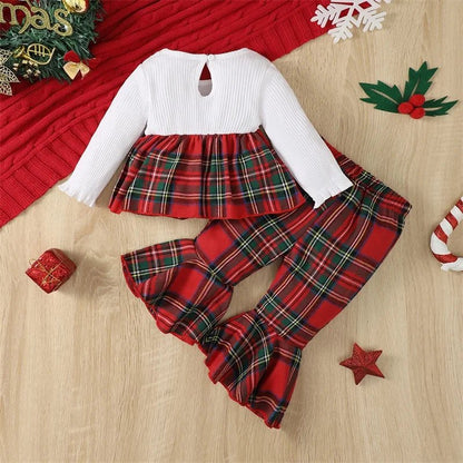 ma&baby 6M-3Y Christmas Toddler Infant Baby Girl Clothes Sets Ruffle Long Sleeve Bow Tops Plaid Pants Xmas Outfit Costume D05 - LESSANA