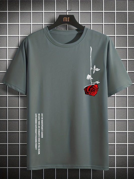 Men's Casual Crew Neck Rose Print Short Sleeves T-shirt For Summer - LESSANA