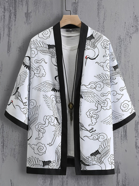 Men's Casual Kimono Style Paisley & Japanese Letter Print Loose Fit Open Front Shirt, Men's Clothes For Summer Vacation Resort Photograph - LESSANA