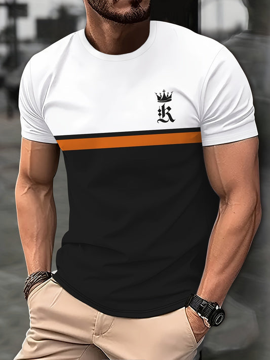 Men's Crown Print Color Block T-Shirt - Casual Short Sleeve Tee For Summer, Spring, And Fall - Perfect Gift For Any Occasion - LESSANA