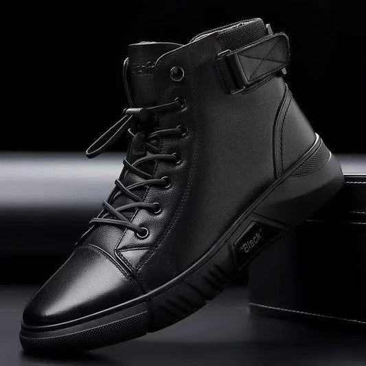 Men's Motorcycle Boots Comfortable Platform Boots Men's Outdoor High Top Leather Boots Fashion Comfortable Waterproof Men Shoes - LESSANA