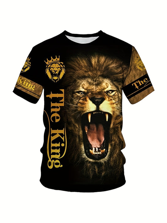 Men's Novelty Fierce Lion Print Round Neck T-Shirt, Mens Clothing - LESSANA