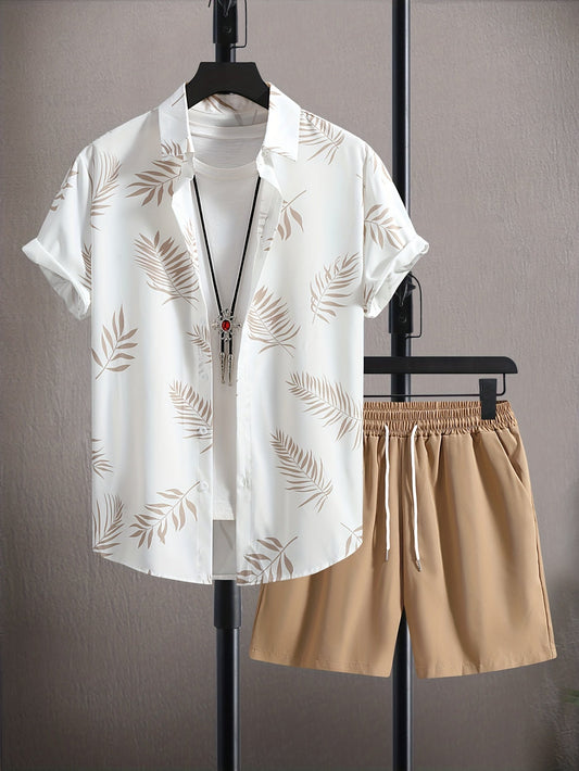 Men's Two-piece Outfits, Leaf Print Button Up Shirt And Drawstring Plain Shorts, Casual Loose Clothing For Summer - LESSANA