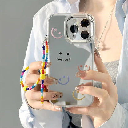 Mirror INS Cute Smile Face Clear Phone Case Bracelet For iPhone 15 14 13 12 11 Pro Max XS 13pro 14plus Lanyard Chain Back Cover - LESSANA