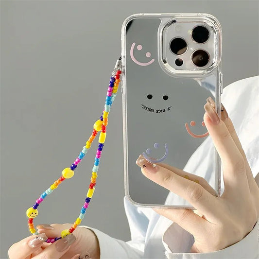 Mirror INS Cute Smile Face Clear Phone Case Bracelet For iPhone 15 14 13 12 11 Pro Max XS 13pro 14plus Lanyard Chain Back Cover - LESSANA
