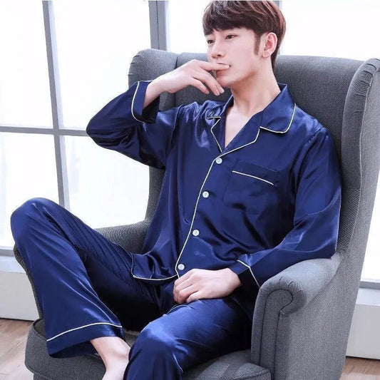 New Elegant Satin Men's Pajama Sets Long Button Sleepwear Male Sleeping Home Clothes Silk Night Wear Pijama Big Size Loungewear - LESSANA