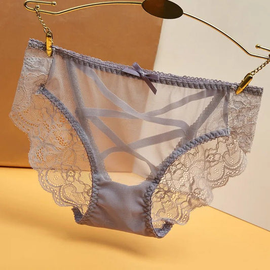 New Light Luxury Transparent Lace Mesh Sexy Low-waist Women's Underwear Cotton Crotch Large Size Seamless Hollow Briefs Women - LESSANA
