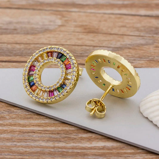 Nidin Original Design Copper Zircon Light Luxury Colorful Rainbow Jewelry For Woman Girls Stud Earrings Party Jewelry Gift - LESSANA