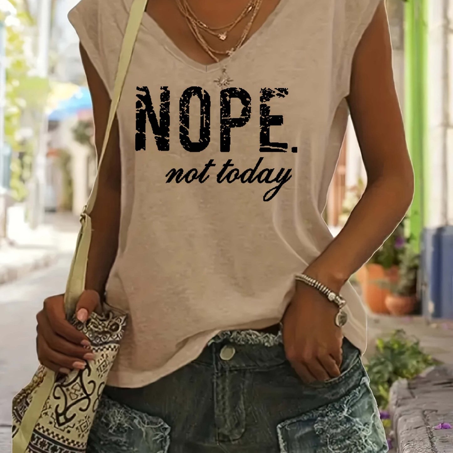"Nope. Not Today" Letter Print T-shirts, V-neck Cap Sleeve Fashion Top, Women's Clothing - LESSANA