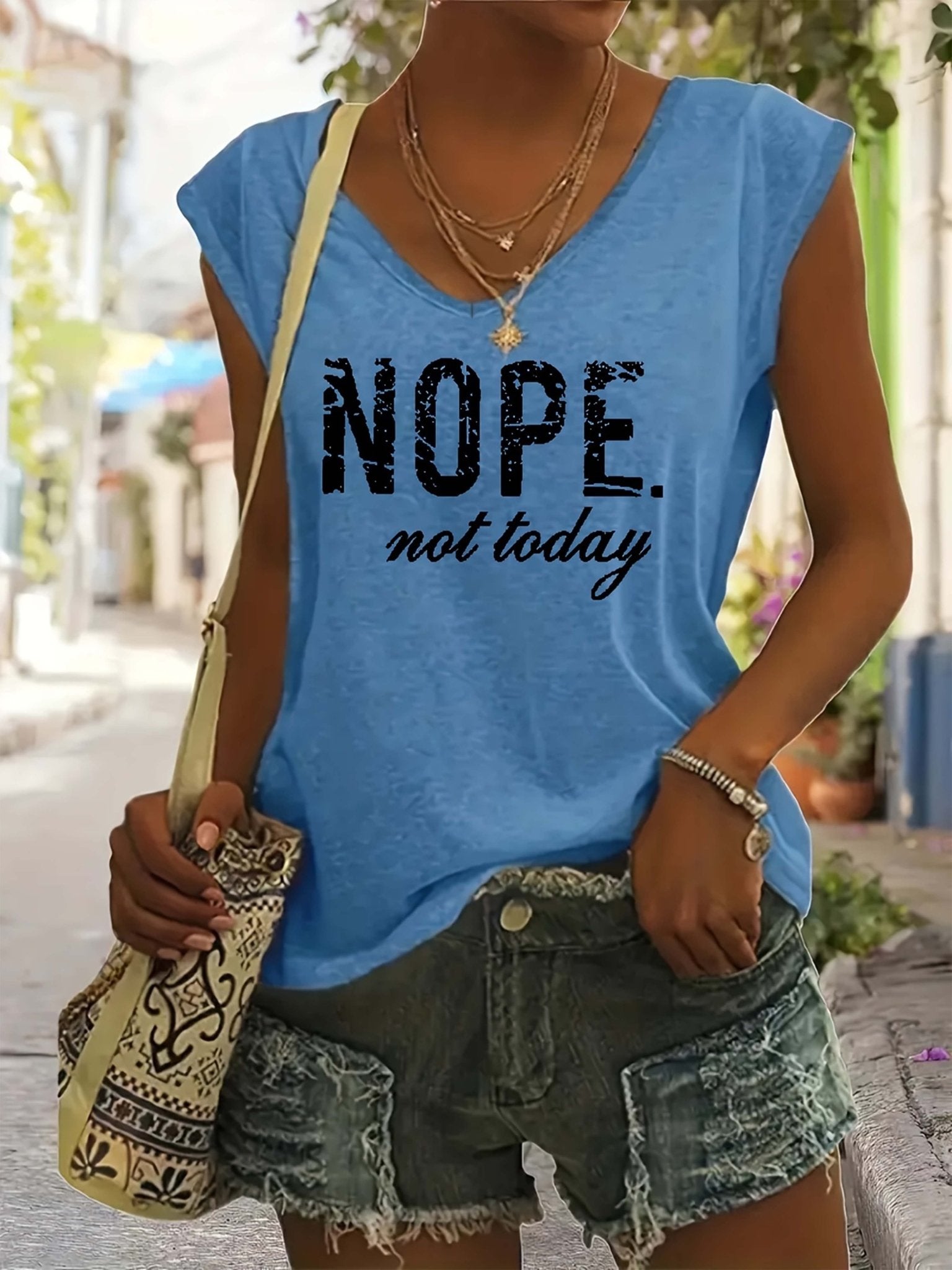 "Nope. Not Today" Letter Print T-shirts, V-neck Cap Sleeve Fashion Top, Women's Clothing - LESSANA