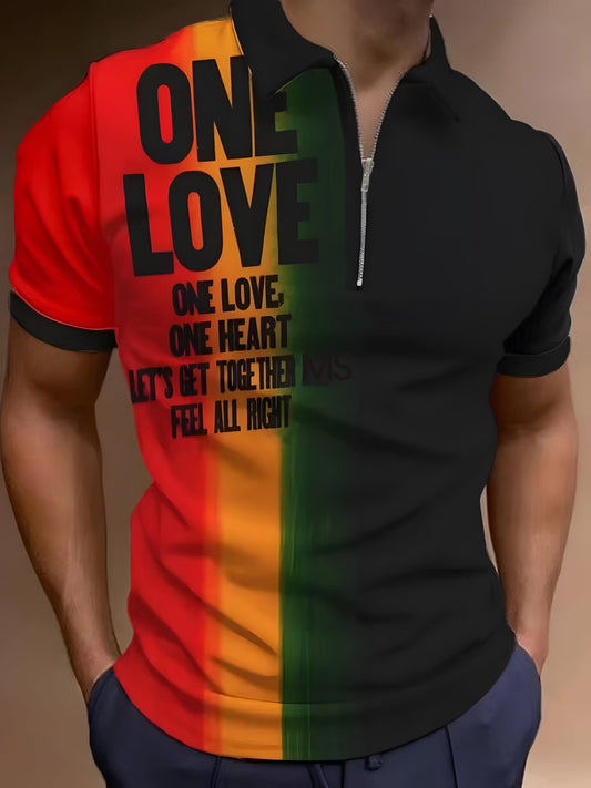 "ONE LOVE" & Gradient Pattern Print Men's Casual Short Sleeves Zip Up Graphic Shirts, Lapel Collar Tops Pullovers, Men's Clothing For Summer - LESSANA