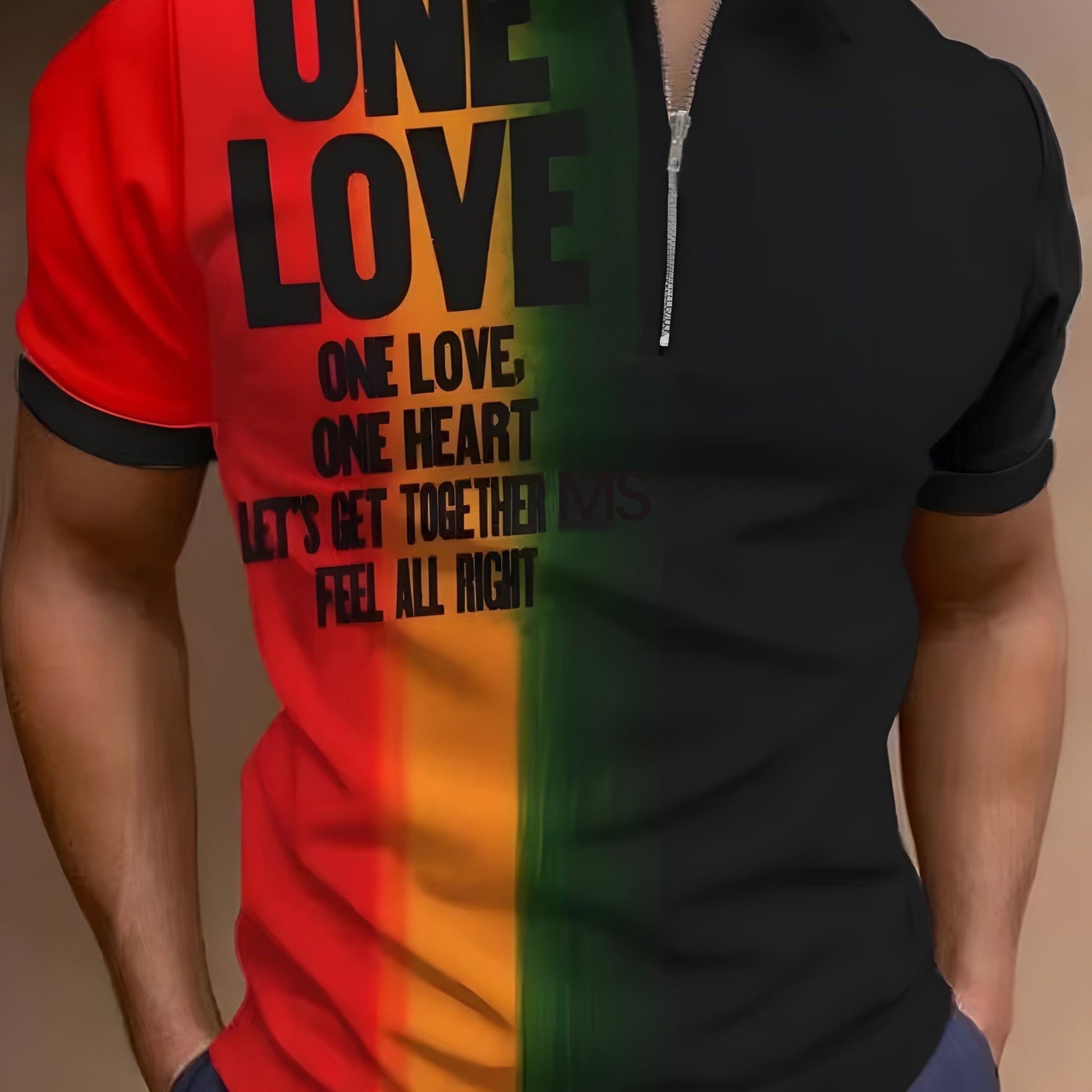 "ONE LOVE" & Gradient Pattern Print Men's Casual Short Sleeves Zip Up Graphic Shirts, Lapel Collar Tops Pullovers, Men's Clothing For Summer - LESSANA