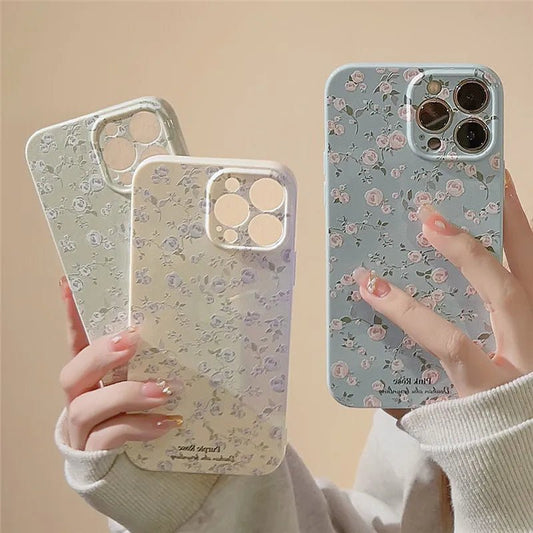 Ottwn Korean Retro Flowers Phone Case For iPhone 14 13 12 11 Pro Max 14 Luxury Floral Soft Silicone Shockproof Bumper Back Cover - LESSANA