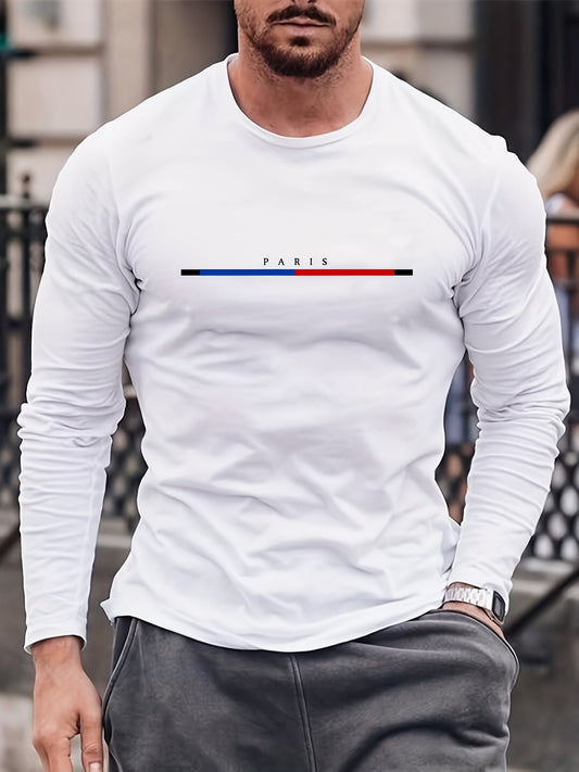 PARIS Print Men's Spring Fall Long Sleeve T-shirt, Men's Casual Slim Fit Crew Neck Tops - LESSANA