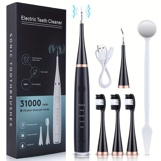 Powerful Ultrasonic Electric Toothbrush For Adults USB Charge 5-Mode Tooth Brush Cleaner Waterproof Whitening Teeth Brush Kit With 5 Replaceable Head For Men And Women Daily Care - LESSANA