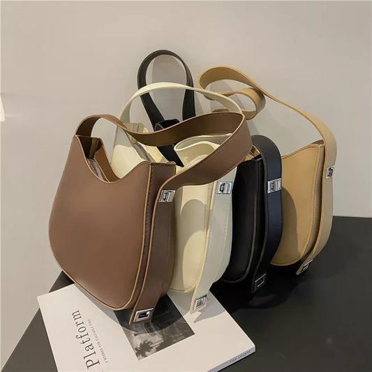 Retro Women Totes Shoulder Bags PU Leather Fashion Exquisite Shopping Bag Solid Color Casual Hobos Handbags 2022 - LESSANA