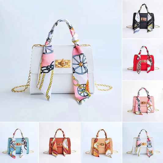 Silk Band Bow Lock Small Square Bag PU Leather Chain Handbag Crossbody Bags - LESSANA