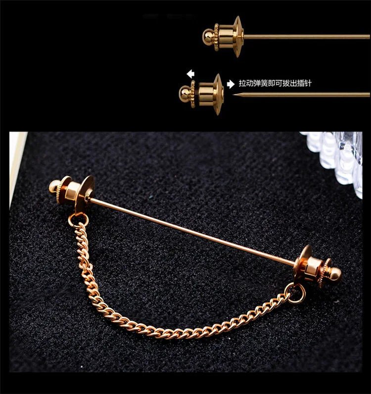 Simple Personality Gold Color Pins Brooches Metal Chain Tassel Shirt Collar Lapel Pin Fashion for Women Men Accessories Jewelry - LESSANA