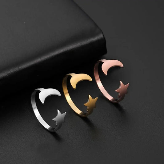 Skyrim Lovely Moon Star Stainless Steel Ring Women Girls Resizable Casual Finger Rings Anniversary Gift Jewelry Wholesale 2023 - LESSANA