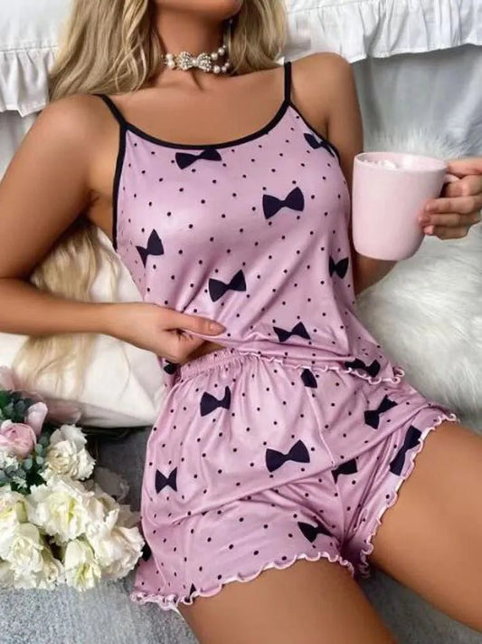 Sleepwear Woman Polka Dot Bowknot Print Cami Set - LESSANA