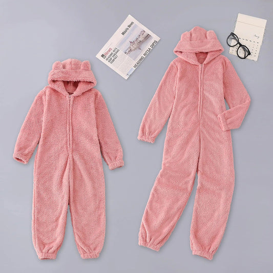 Solid Color Fleece Parent-Child Suit Long Sleeve Family Pajamas Winter Warm Round Neck Zipper Hooded Home Wear - LESSANA