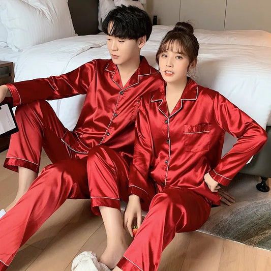 Solid Color Sleepwear Silk Satin Pajamas Couple Set Long Button-Down Pyjamas Suit Pijama Women Men Loungewear Plus Size Pj Set - LESSANA