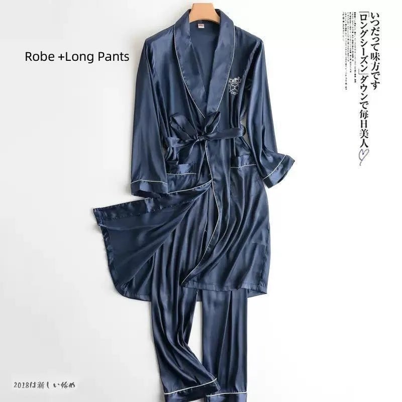 Spring Autumn New Men Robe Sets Satin Kimono Gown Male Sleepwear Bathrobe 2PCS Nightwea Bathrobe Gown Lounge Wear Home Clothes - LESSANA