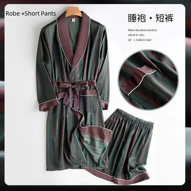 Spring Autumn New Men Robe Sets Satin Kimono Gown Male Sleepwear Bathrobe 2PCS Nightwea Bathrobe Gown Lounge Wear Home Clothes - LESSANA