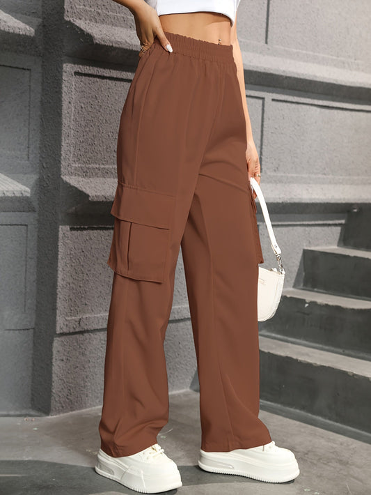 Straight Leg Cargo Pants, Y2K High Waist Solid Pants For Spring & Fall, Women's Clothing - LESSANA