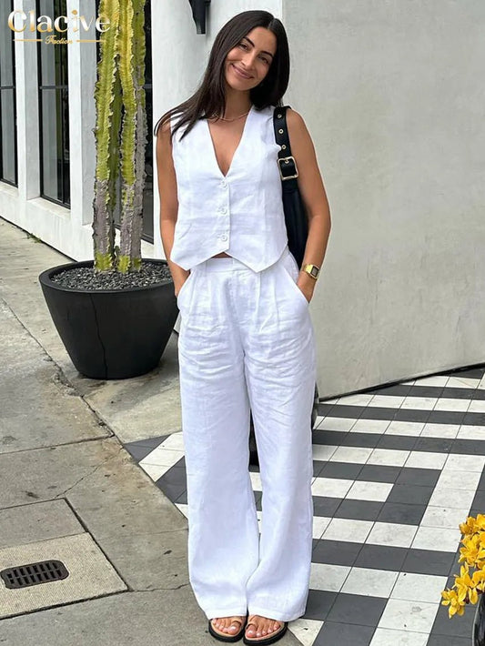 Summer White Linen Two Piece Set For Women 2023 Fashion Sleeveless Tank Top New In Matching High Waist Wide Pants Set - LESSANA