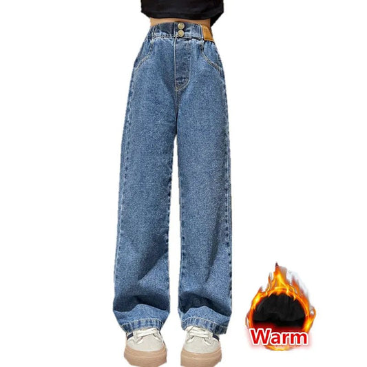 Teenage Girls Jeans With Fleece Autumn Winter Casual Fashion Kids Wide Leg Insulated Jeans Pants School Children Denim Trousers - LESSANA