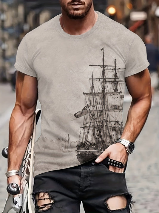 Tees For Men, Galleon Sailing Ship Print T Shirt, Casual Short Sleeve Tshirt For Summer Spring Fall, Tops As Gifts - LESSANA