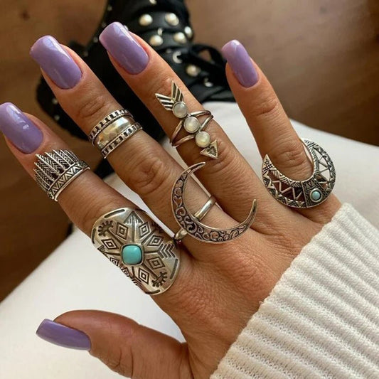 Tocona Vintage Silver Color Moon Ring Sets for Women 2022 Charming Leaf Geoemtric Joint Ring Bohemian Jewelry Anillo 14309 - LESSANA