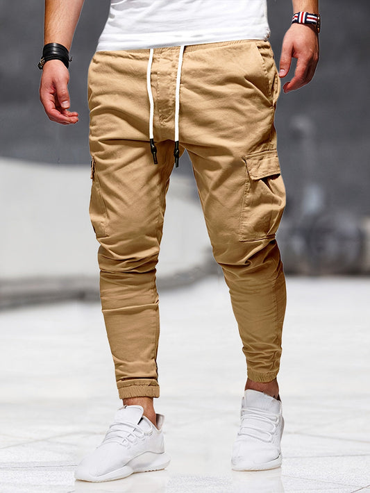 Trendy Solid Drawstring Cargo Pants, Men's Multi Flap Pocket Trousers, Loose Casual Outdoor Pants, Men's Work Pants Outdoors Streetwear Hip Hop Style - LESSANA