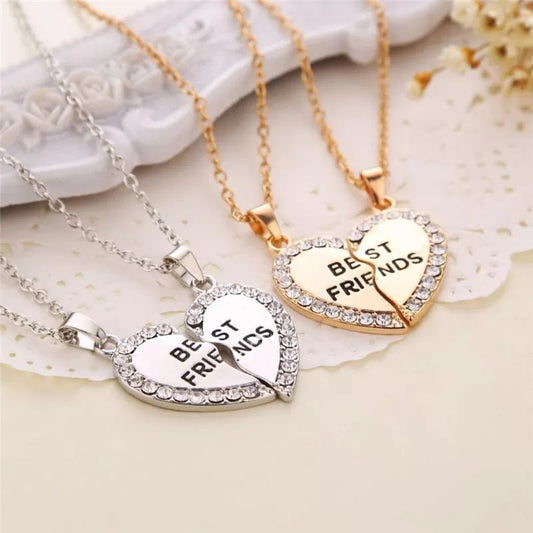 Unisex 2 Pcs BFF Necklace Women Crystal Heart Pendant Best Friend Letter Necklace Fashion Couple Necklace Men Friendship Jewelry - LESSANA
