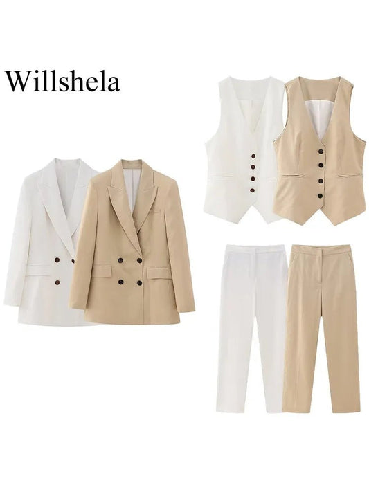 Willshela Women Fashion 3 Piece Set Solid Blazer & Tank Tops & Straight Pants Vintage Notched Neck Female Chic Lady Pants Suit - LESSANA