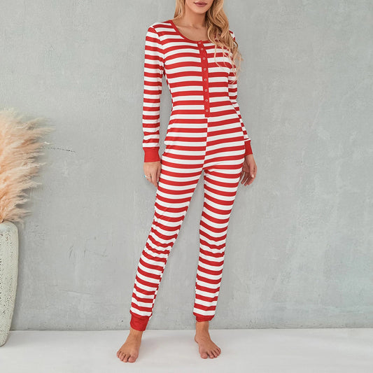Woman's Christmas Stripe Pajamas Sexy Round Neck Long Sleeve Slim Elastic Sleep Jumpsuit Home Wear for Daily Life and Holiday - LESSANA