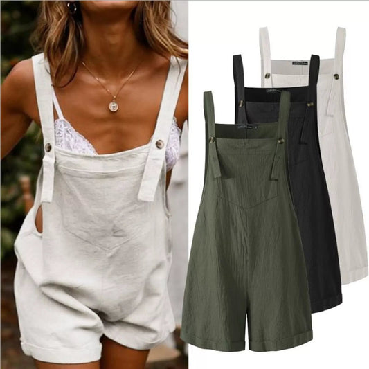Women Loose Style Overalls Boho Solid Color Square Collar Playsuits Sleeveless Rompers Summer Casual Clothes - LESSANA